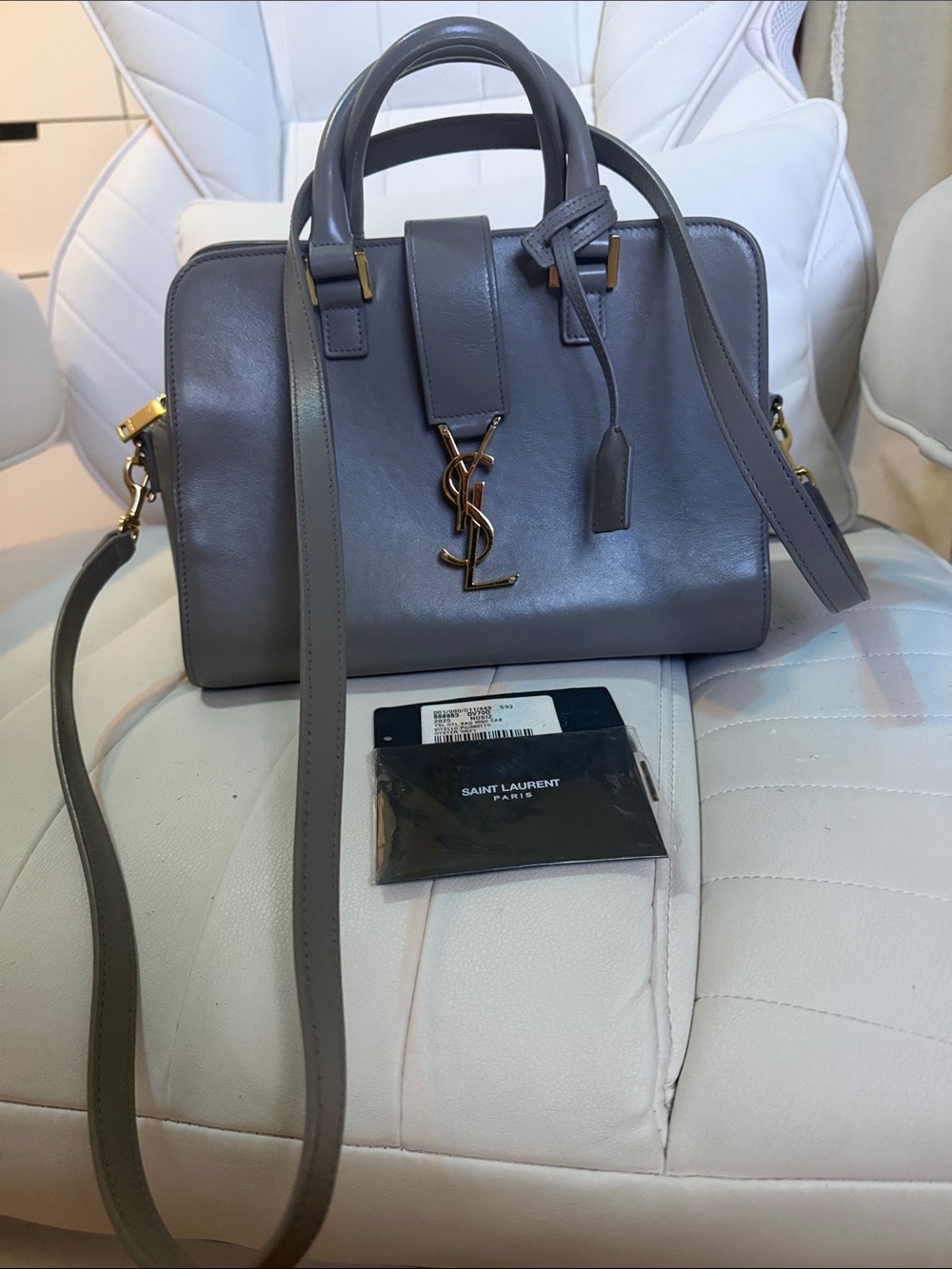 Saint Laurent Gray Leather medium Satchel with Gold YSL Hardware